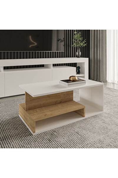 İNARCH DİZAYN Vera Mini Orta Sehpa – Modern Tasarım, Fonksiyonel Raflı Yapı Beyaz/Safir Meşe