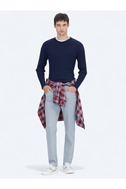 Kip Navy Blue Crew Neck Jacquard Knitwear Sweater