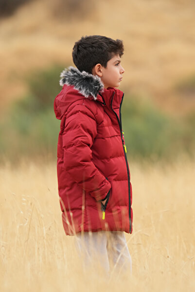 FREE ARSLAN COLLECTİON Boy's Inflatable Water Repellent Black Children's Coat with Plush Fur Inside and Removable Hood