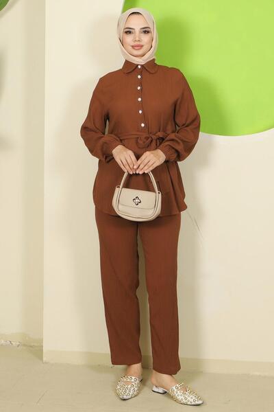 hafsamina Κομψό Σετ Δύο Τεμάχια με Πέτρινη Λεπτομέρεια Καφέ HM2813