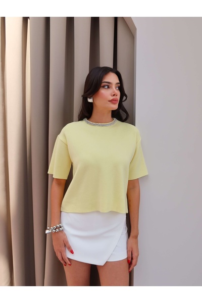 ESRAHELVACI Short Sleeve Collar Stone Embellished Knitwear