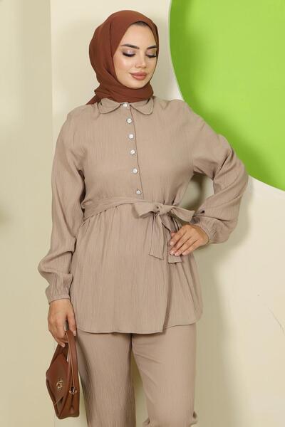 hafsamina Elegant Stone Detailed Double Suit Mink Hm2813