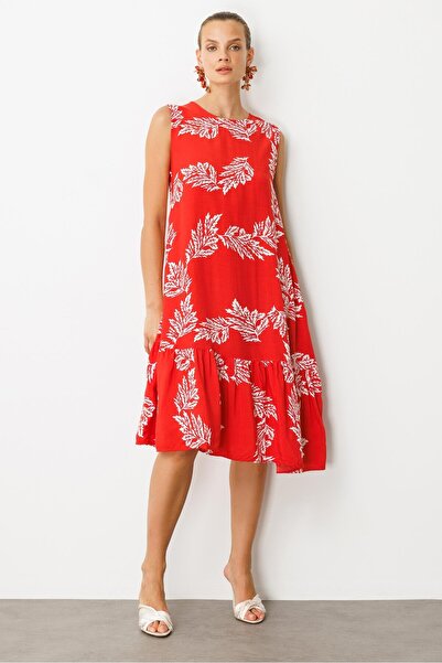accort Etek Ucu Volanlı Desenli Elbise-KIRMIZI