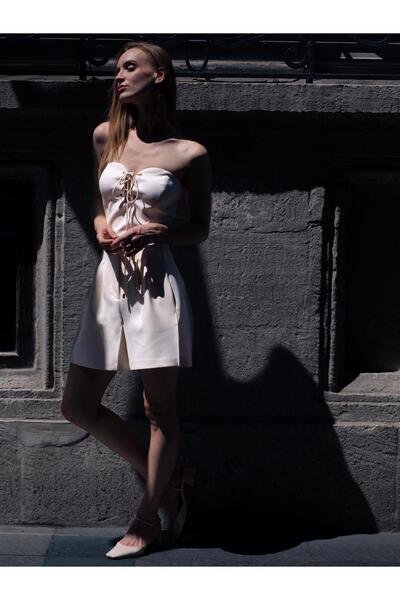 RİVUS Yüksek Belli Nervür Dikişli Bol Paçalı Maxi Boy Pileli Şort - Ekru