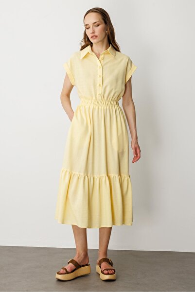 accort Keten Görünüm Farbela Detaylı Uzun Elbise-SARI