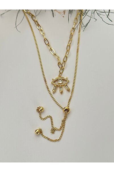 mibrillo Ataç Zincirli Göz Kolye ve Asansör Kolye Çelik İkili Kolye