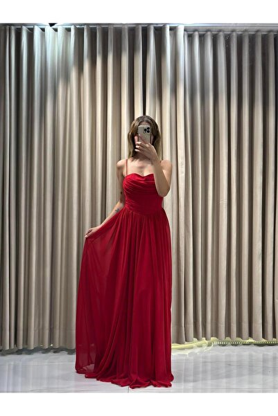 Kaleiçi Yıldızlar Kırmızı Yeni Sezon Şifon Abiye 5621