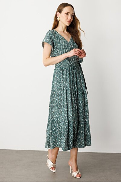 accort Çiçek Desenli Kruvaze Yaka Uzun Elbise-YEŞİL