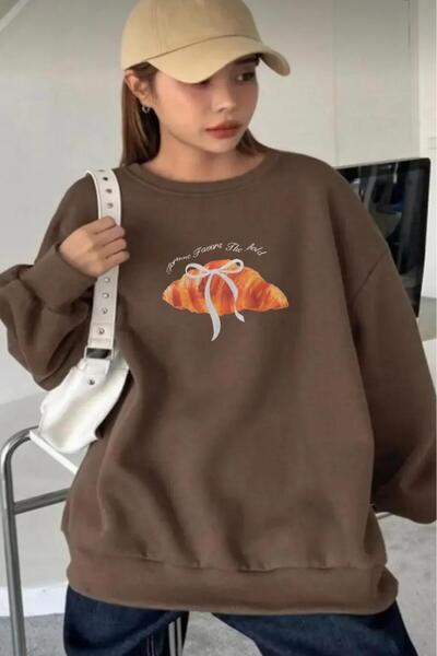 NO 601 Hanorac maro cu imprimeu croissant pentru femei, cu gâtul rotund, fără glugă