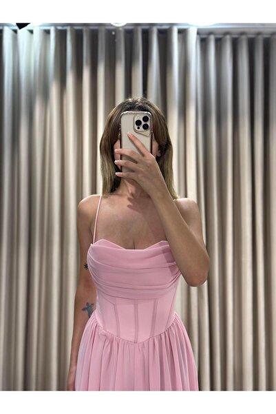 Kaleiçi Yıldızlar Pudra Yeni Sezon Şifon Abiye 5621