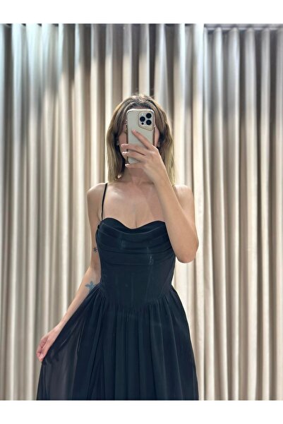 Kaleiçi Yıldızlar Siyah Yeni Sezon Şifon Abiye 5621