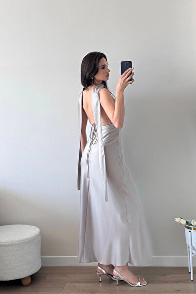 Eka Kadın Gri Askılı Uzun Elbise 1041-3263