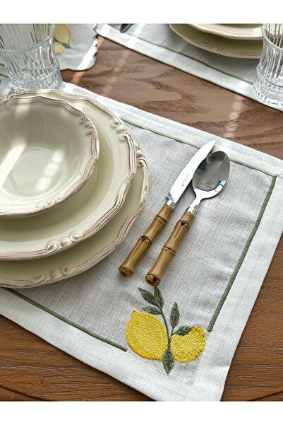 busrasdesign Set de 2 servicii americane Lux cu broderie de lămâie