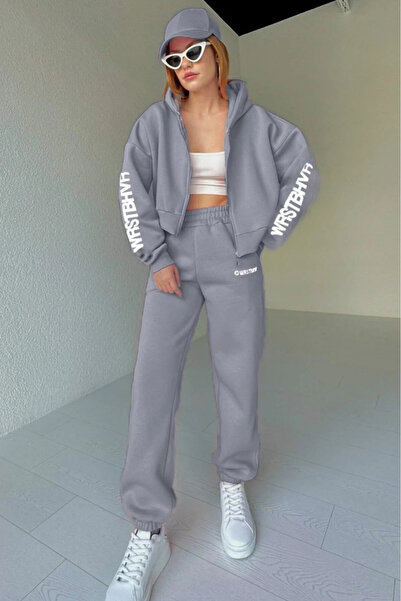 AEMİ Women's WRSTBHVR Printed Oversize 3 Thread Cardigan Tracksuit Set