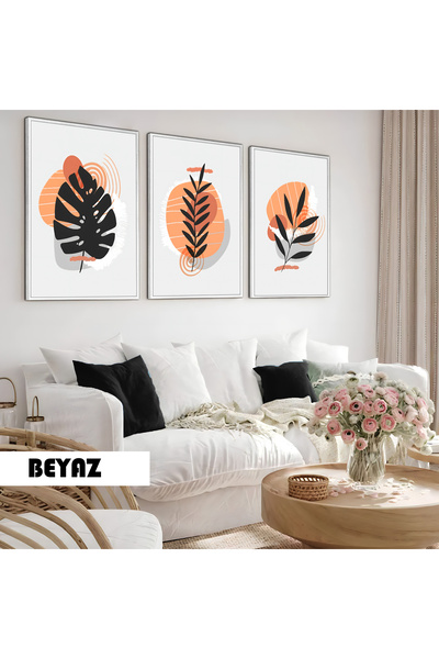 Harikabirev Children's Room Living Room-Minimalist Modern Bohemian Leaves X5 | Wooden Framed 3-Piece Mdf Ahmdf