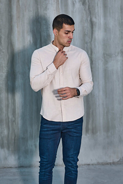 jack carisma Bej Haki̇m Collar Lycra Linen Cotton Slim Fit Shirt