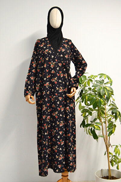 Bilenler Çiçek Desenli Kruvaze Namaz Elbisesi – %100 Viskon, Yandan Bağlamalı 36-46 Beden