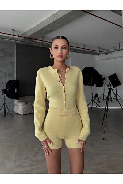OYKUWEAR Knitelle Sarı Bodysuit Hırka Şort Triko Takım