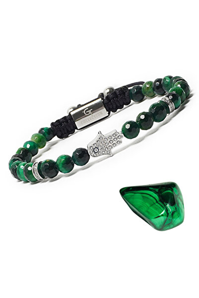GT Collection Brățară Energetică Bărbătească – Mărgele Ochi de Tigru Verde cu Mână Hamsa Argintie – Snur Reglabil