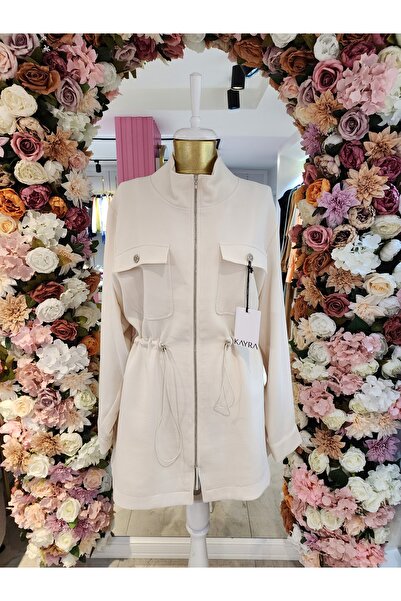 Kayra büyük beden fermuarlı krem ceket kadın