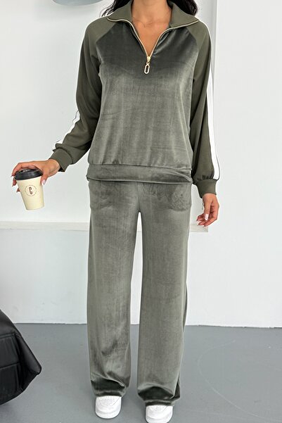 Ded COLLECTION Kadın Yakalı Yarım Fermuarlı Beyaz Şeritli Kadife Alt Üst Takım