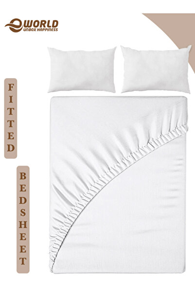 Eworld 3-Piece White Cotton Fitted Bedsheet Set with Deep Pocket & 2 Pillow Covers, Single Size