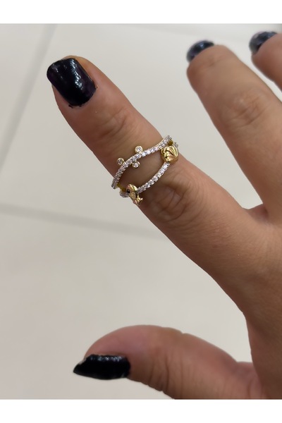 Hicrans Takı DALGALI BALIK VE DENİZ KABUĞU FİGÜRLÜ GOLD VİP SERİ YÜZÜK