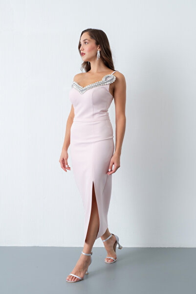 Lafaba Kadın Pudra Sırt Dekolteli Taşlı Midi Abiye Elbise