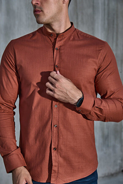 jack carisma Теракота цвят, изправена яка, смес от ликра, смес от памук и лен, риза с тясна кройка