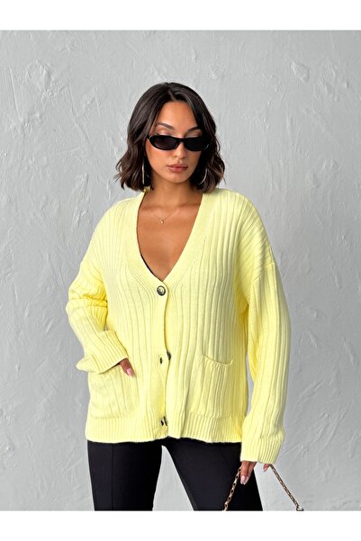 BEJNA Women's Yellow V-Neck Buttoned Pocketed Ribbed Knit Cardigan