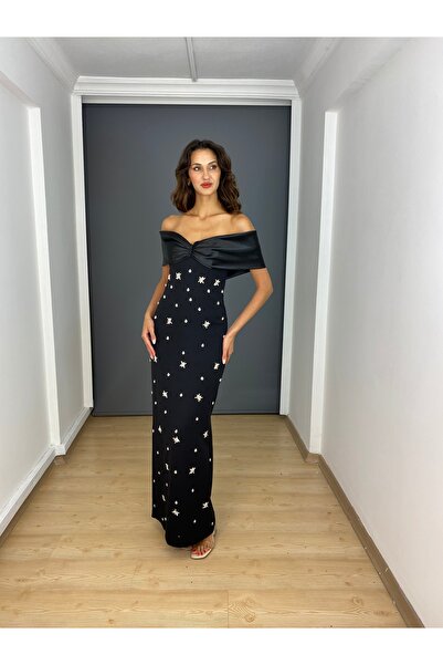 gökkuşagı moda Siyah Madonna Yaka Ön Taş Baskılı Arka Yırtmaç Detaylı Uzun Ab...