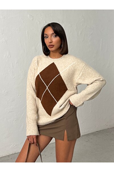 BEJNA Women's Beige Diamond Patterned Comfortable Fit Knit Sweater