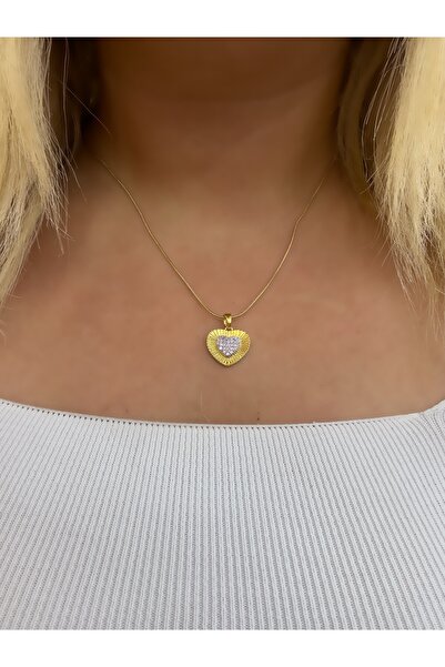 Hicrans Takı GÜMÜŞ RENK TAŞ DETAYLI KALP MODEL GOLD ÇELİK KOLYE