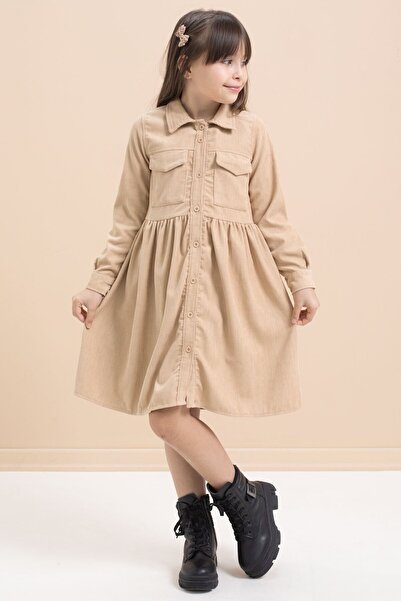 Cansın Mini Brown Girl's Velvet Patterned Dress with Pocket Detail 21548