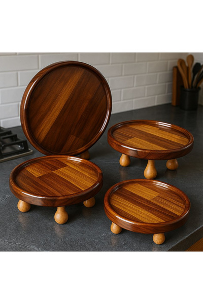 TB Tamer Bayrakçeken Masaj Aletleri Ve Tıbbi Ürün Doğal İroko Ahşap 4’lü Sunum Tabağı Seti – El Yapımı, Dayanıklı ve Koleksiyonluk | Yuvarlak