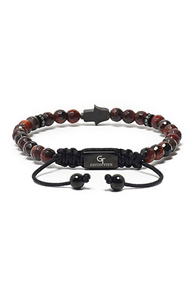 GT Collection Men’s Energy Bracelet – Red Tiger Eye Beads with Black Hamsa Hand – Adjustable Cord