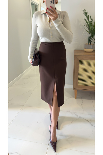 BİRCANÇİL Polen Brown Skirt with Front Slit Detail