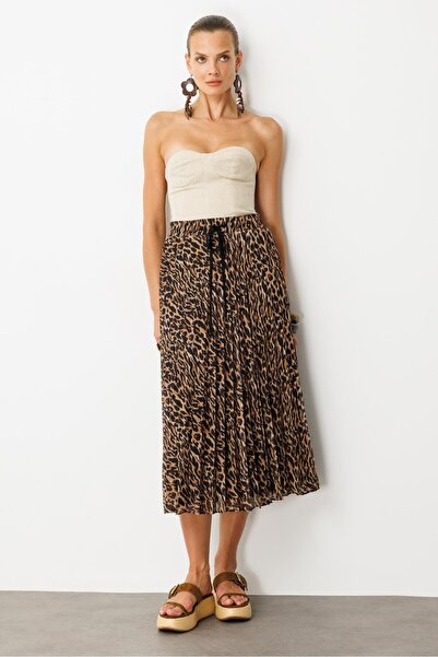 accort Beli Lastik Pileli Şifon Etek-KAHVE