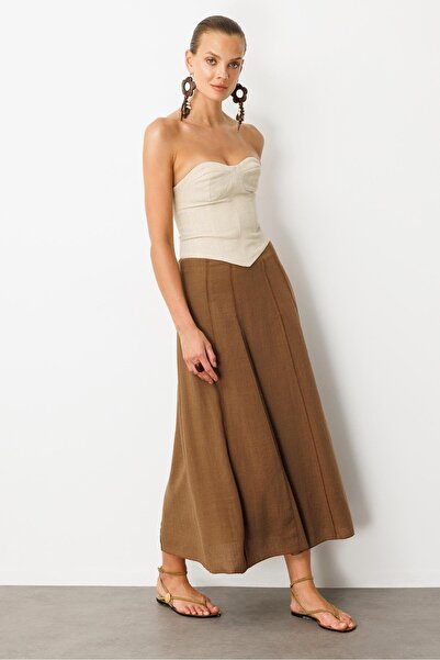 accort Keten Görünümlü Uzun Kloş Etek-KAHVE