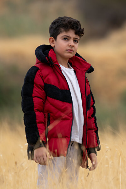 FREE ARSLAN COLLECTİON Boy's Inflatable Water Repellent Black Children's Coat with Plush Fur Inside and Detachable Hood