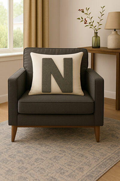 ALAMODECOR Husă pentru pernă cu litere A, imprimată digitală pe două fețe, aspect crem, culoare antracit, 1 bucată 43X43