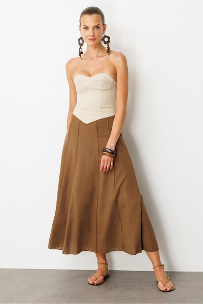 accort Keten Görünümlü Uzun Kloş Etek-KAHVE