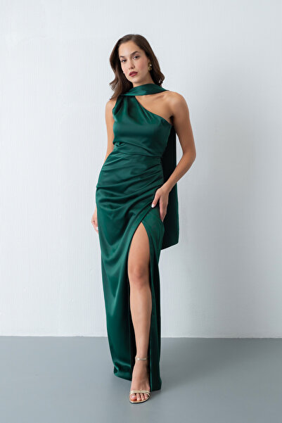 Lafaba Γυναικείο Σμαραγδένιο Πράσινο Φόρεμα Βραδινό Φόρεμα με Σκίσιμο Μακρύ Σατέν