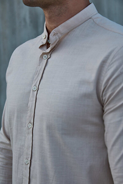 jack carisma Bej Haki̇m Collar Lycra Linen Cotton Slim Fit Shirt