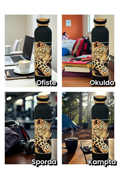 SANALTİCARETİM Bambu Kapaklı Siyah Renk Leopar Figürlü 1000 ml Paslanmaz Çelik Termos
