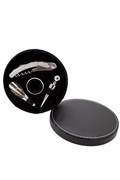 velve Cutie rotunda eleganta cu 4 accesorii pentru desfacerea sticlei cu vin, din piele ecologica