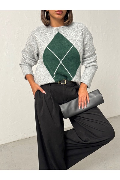 BEJNA Grauer Damenpullover mit Rautenmuster und bequemer Passform aus Strickwaren