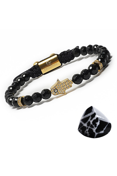 GT Collection Brățară Energetică Bărbătească – Mărgele Onyx Negre cu Mână Hamsa Aurie – Șnur Ajustabil