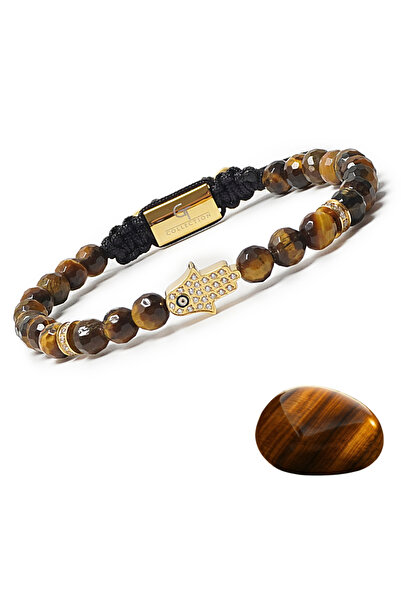 GT Collection Men’s Energy Bracelet – Tiger Eye Beads with Golden Hamsa Hand – Adjustable Cord