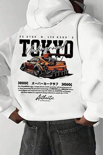 NO 601 Ανδρικό χειμερινό φούτερ με λευκή κουκούλα με στάμπα Tokyo